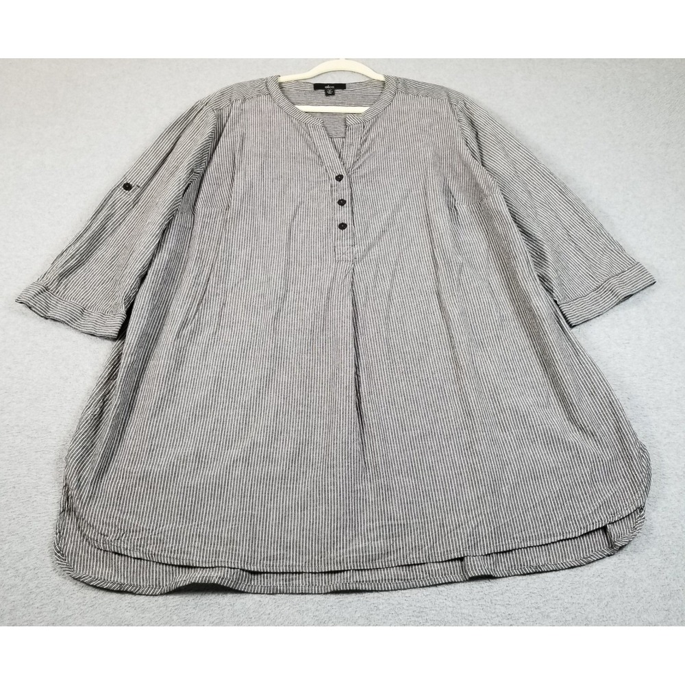 Ellos Tunic Blouse Womens 1X 22 24 Gray White Striped Henley 3/4 Sleeves Cotton